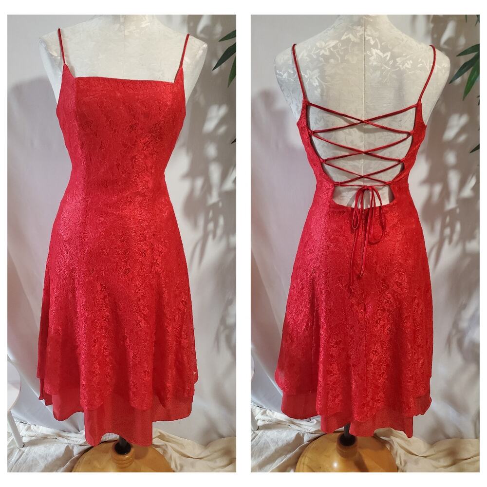 Vtg 90s Windsor Lace Overlay Layered Lace-Up Back Dress Size 5/6 Red Pinup Goth